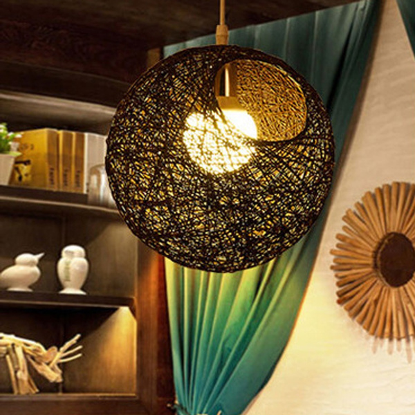 2 Pcs Rural Twine Rattan Wicker Ball Globe Pendant Lamp Shade With Hole Wish 2 Pcs Rural Twine Rattan Wicker Ball, Globe Pendant Hanging Lamp With Rattan Shade