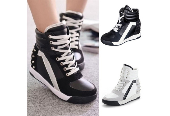 Women Sneakers Sports Comfort Rivet Hidden Wedge Heel High Top Shoes Wish