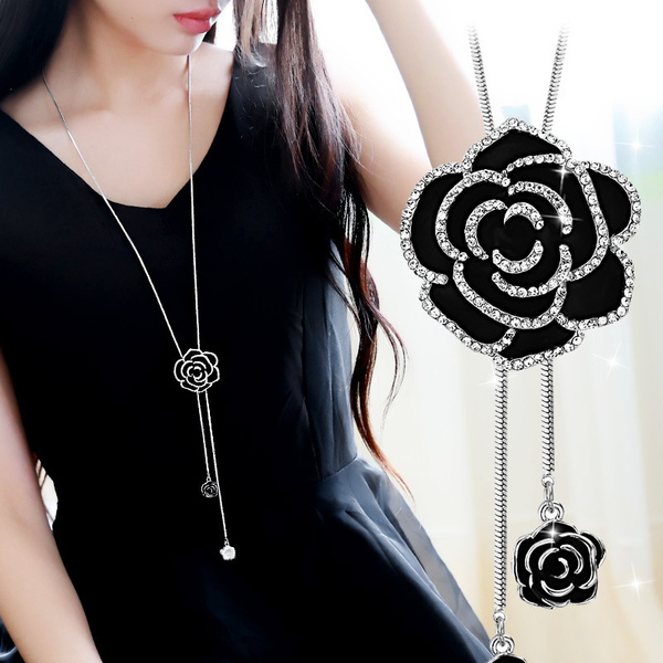 Rose Flower Long Necklace Sweater Chain Fashion Metal Chain Crystal Flower  Pendant Necklaces