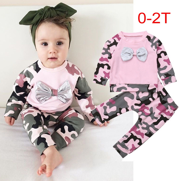 2pcs Newborn Baby Toddler Infant Girl Camouflage Bowknot Long Sleeve Clothes  Jumpsuit Pullover Tops Pants Outfit Set