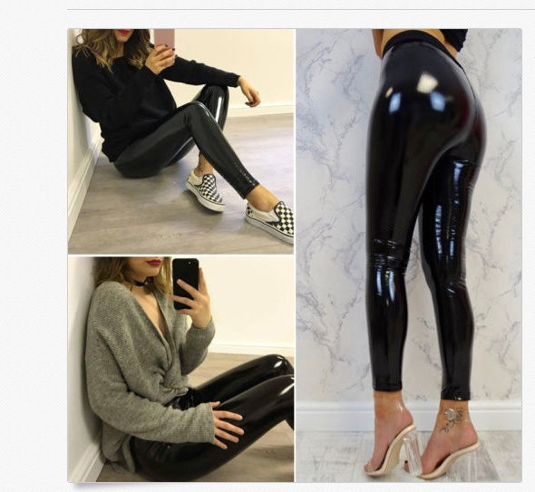 Womens Black Wet Look High-Waisted Leggings