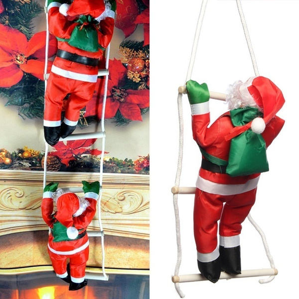 Christmas Santa Claus Climbing On Rope Ladder Hanging For Xmas Tree De L9R7 