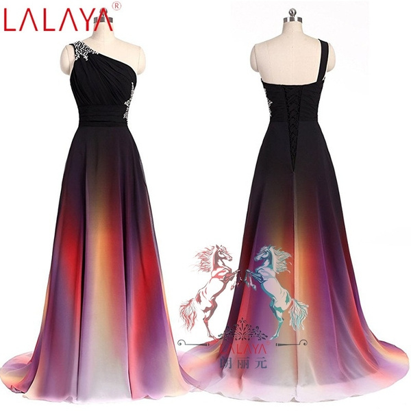 One Shoulder Black Red Ombre Prom 