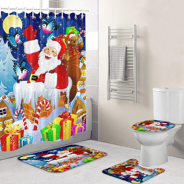 Santa Claus Snowman Christmas Gift Shower Curtain Bathroom Rug Toilet Mat 