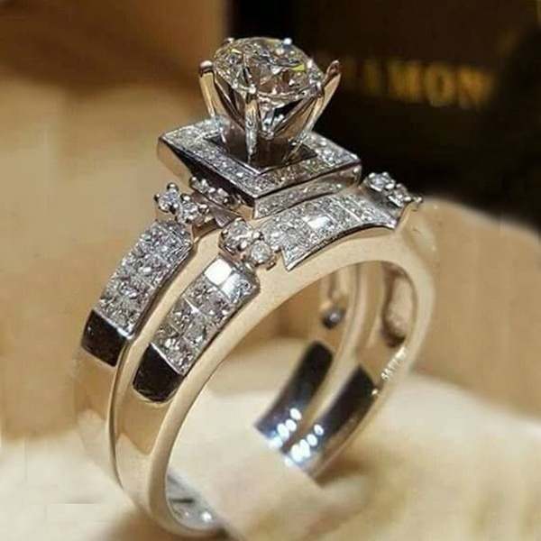 Shiny 925 Silver White Sapphire Exquisite Bridal Marriage Engagement Ring Set Shiny 925 Silver White Sapphire Exquisite Bridal Marriage Engagement Ring Set