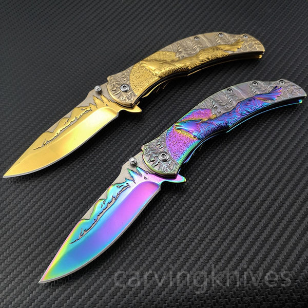 4 RAINBOW WOLF EMBOSSED FOLDING KNIFE - SPRING ASSIST - Grey Eagle Trader