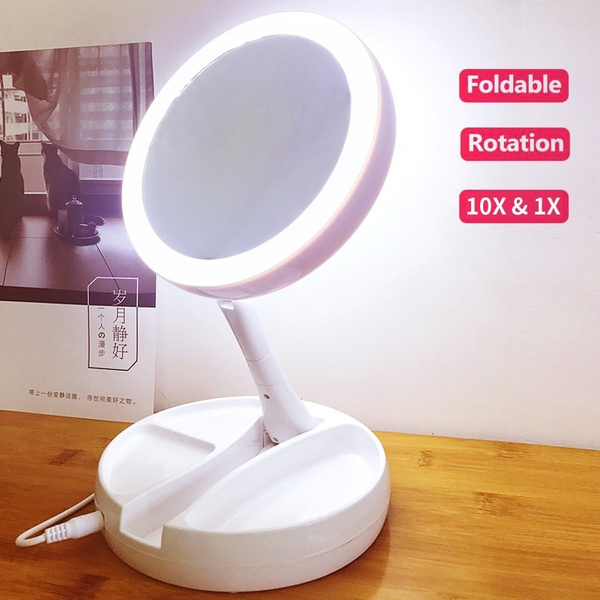 LED Lights Mirror Folding 10x Magnification Makeup Mirror Compact Stand