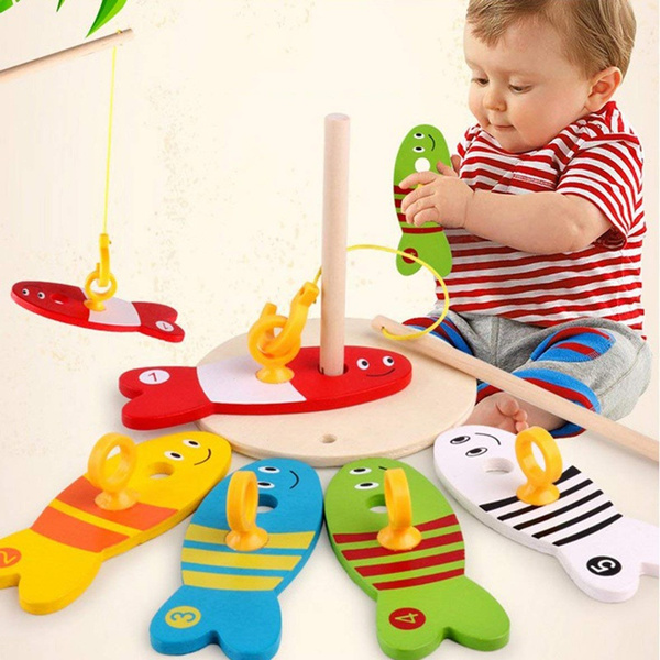 8Pcs WoodenToys Colorful Fishing Digital Column Baby Toys for