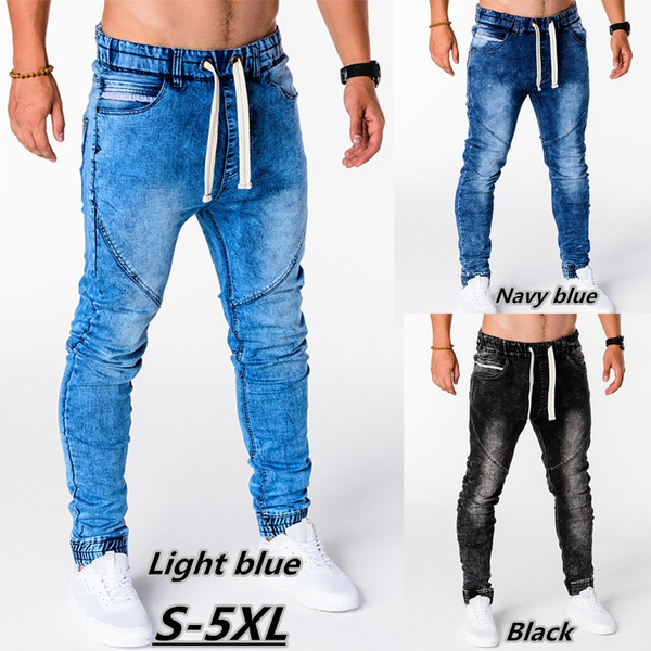 S-5XL Men's Fashion Skinny Elastic Distressed Drawstring Jeans Autumn ...
