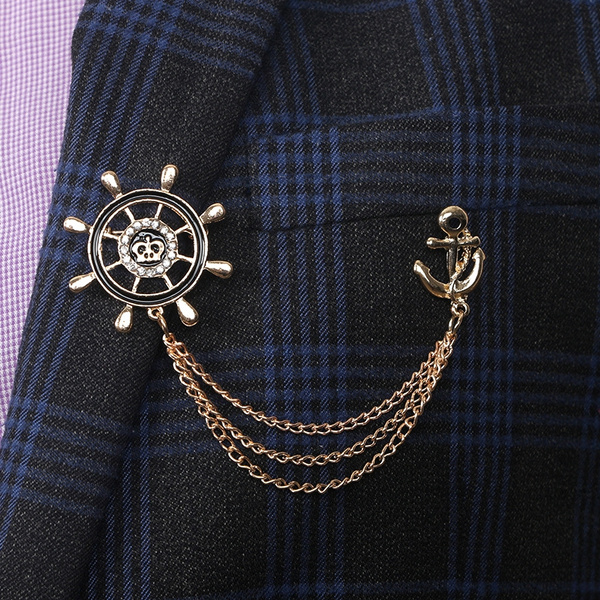 Crystal Skull Rudder Anchor Brooch Pin Corsage Metal Chain Collar Lapel Pin  Men Jewelry Suit Accessories