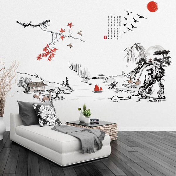 Chinese Style Wall Sticker Landscape Painting Tree Birds Decor Wall Art Sticker Decal Wish Chinese Style Wall Sticker Landscape Painting Tree Birds Decor Wall Art Sticker Decal Wish