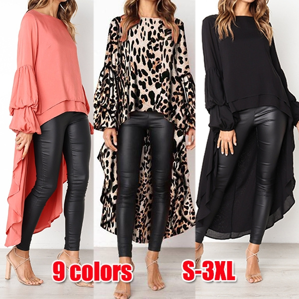 New Premium Women Elegant Long Sleeve Solid Color Leopard Print Chiffon  Shirt Autumn Ladies Round Neck Irregular High Low Hem Casual Pullover Long  Tops