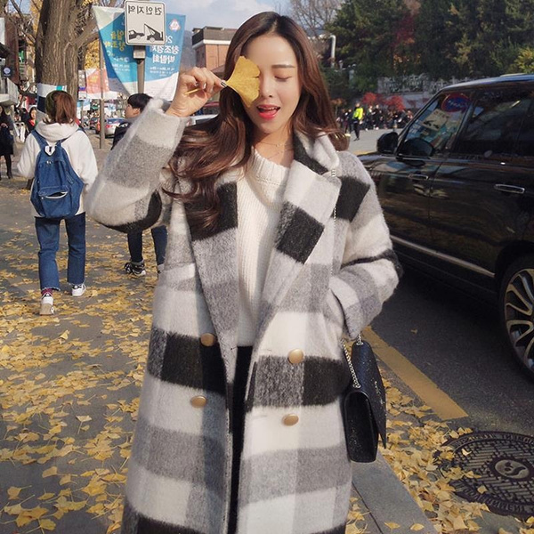 New Autumn Winter Cashmere Trench Jacket Women Casual Black White Plaid Coat Thickness Warm Button Pocket Jackets