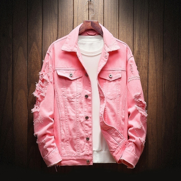pink distressed jean jacket