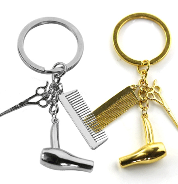 New Personality Hair Dryer Combs Scissors Pendant Keychain Hairdressing