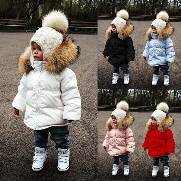 New Kids Baby Toddler Boy Girl Winter Warm Coat Faux Fur Hooded Jacket Outerwear