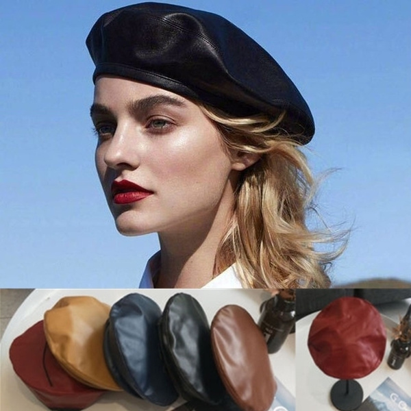 beret leather hat