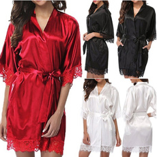 Women Sexy Nightdress Satin Lace Kimono Sleepwear Lingerie Dress Gown Robe Kits