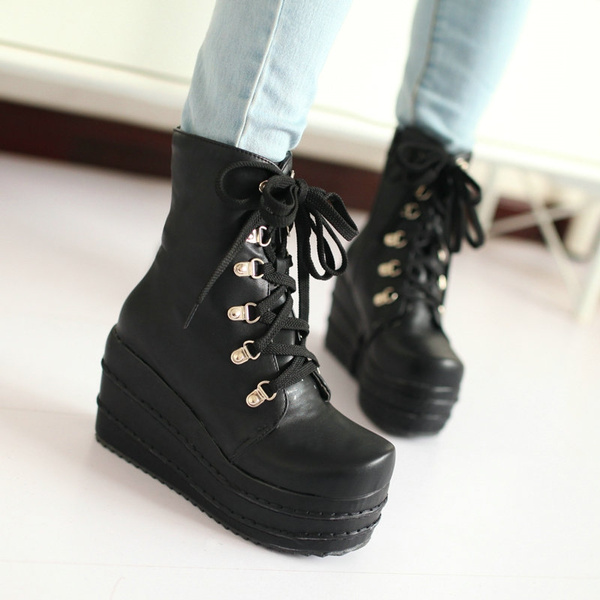 black boot wedges with laces