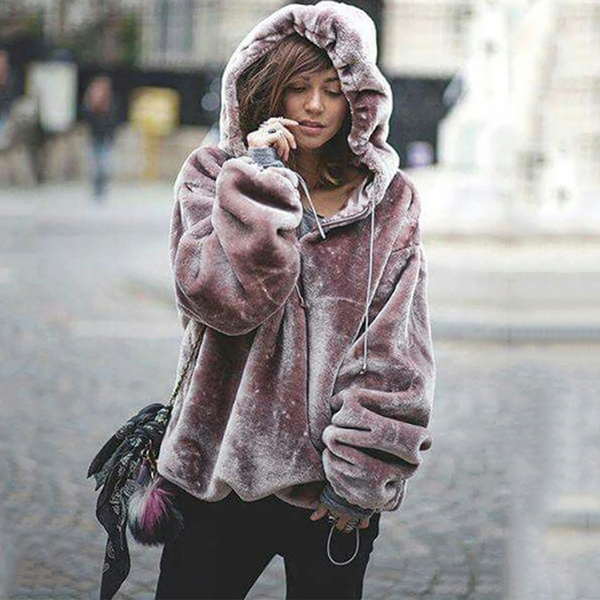 Womens Fluffy Sweater Warm Outwear Long Sleeve Hooded Jumper Sweatshirt Oversize Coat Pretty Goods