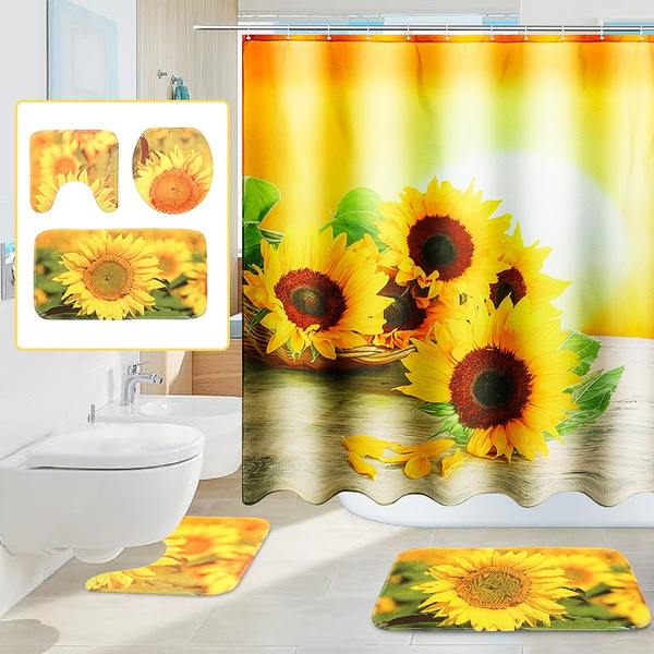 Sunflower Bathroom Set Waterproof Polyester Shower Curtain Bath Carpet Pedestal Rug Toilet Seat Cover Wish