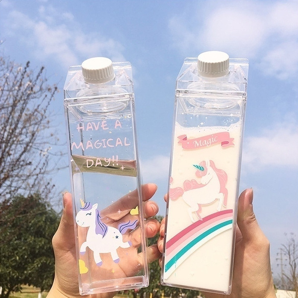 500ml Cute Water Bottle Plastic Transparent Fantastic Summer Cartoon Milk  Box Fruit Juice Drink Bottle Portable Travel Sport Leakproof Unbreakable
