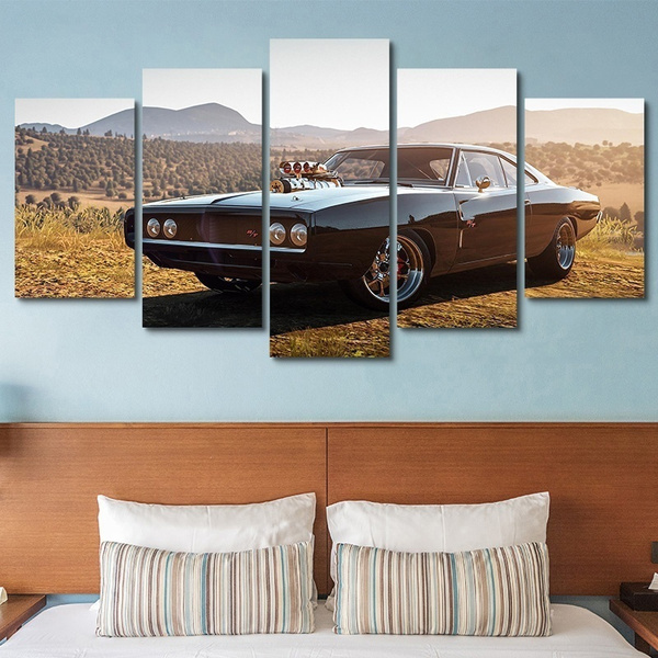 Framed Dodge Charger 1970 Muscle Car Poster 5 Piece Canvas Print Wall Art Decor 
