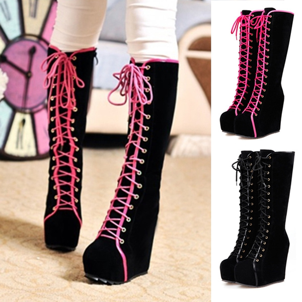 Fashion Womens Knee High Boots Faux Suede High Heels Wedge Platform Shoes Boots