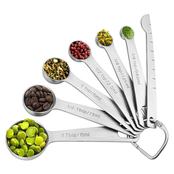 Measuring Spoons Set Stainless Steel - 7 Pieces Kitchen Aid Metal Spoons  includes Teaspoon and Tablespoon Engraved with Leveler and Ring Holder, Measuring  Tiny Dry and Liquid Ingredients