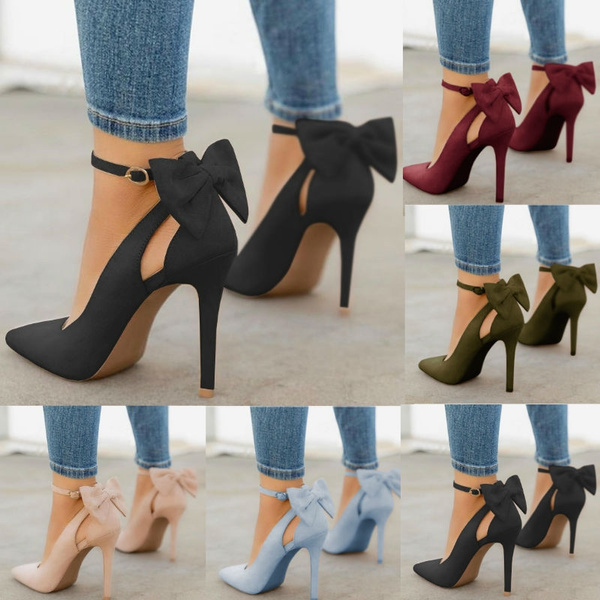 Women Bow-Knot Ankle Strap Sandals Sweet Ladies Point-Toe High Heels Shoes Pumps