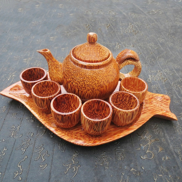 Creative Wooden Tea Set, Wooden Handicraft Tea Cup Teapot Set