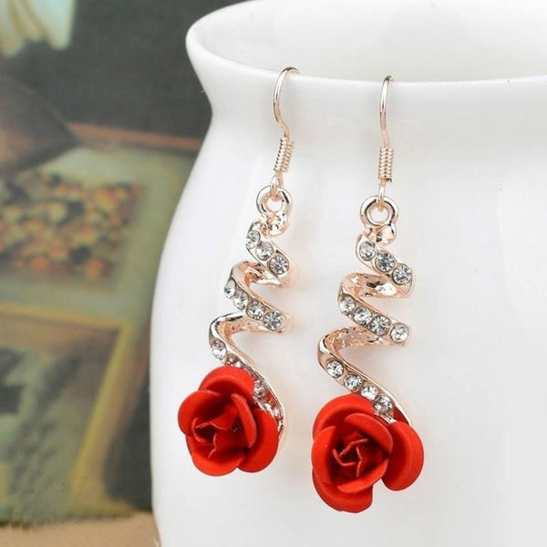 Corée Mode Tempérament Belle Cristal Rose rouge Fleur femmes Dangle Boucles  d'oreilles pendantes pour mariage fête nuptiale boucle d'oreille | Wish