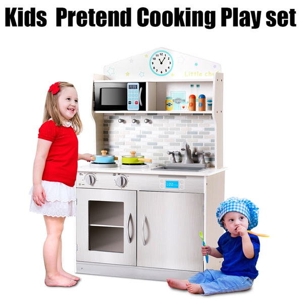 Kids Wooden Pretend Kitchen Playset Cooking Toys Toddler Christmas Cookware Gift 