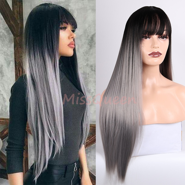 Beautiful Long Straight Hair Wig with Bangs Ombre Grey Synthetic Wig(color: grey) | Wish