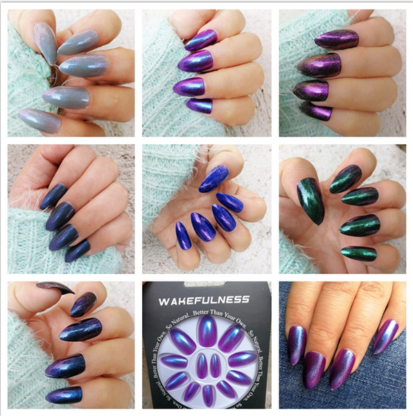 24PCS Press on Nails Chrome Glitter Pointed Nails Pre-glue on Back Super Hold Adhensive One Step Stilettos False Nail Medium Length Painted Glitters artificial nails | Wish 24PCS Press on Nails Chrome Glitter Pointed Nails Pre-glue on Back Super Hold Adhensive One Step Stilettos False Nail Medium Length Painted Glitters artificial nails | Wish