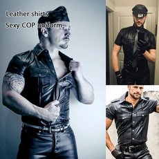 Latex Men Leather Shirts Latex Men Costume Cosplay Police Uniform Wet Look Leather Shirts