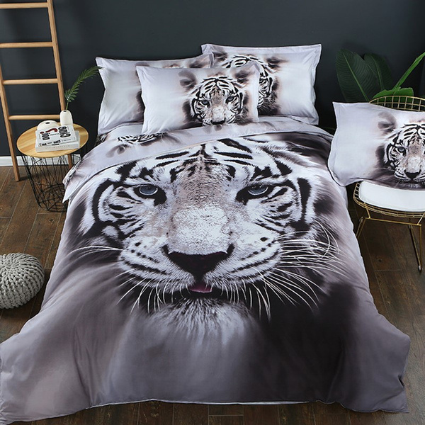 Cotton 3d Lifelike White Tiger 3pcs, Mens Queen Bed Sheet Set