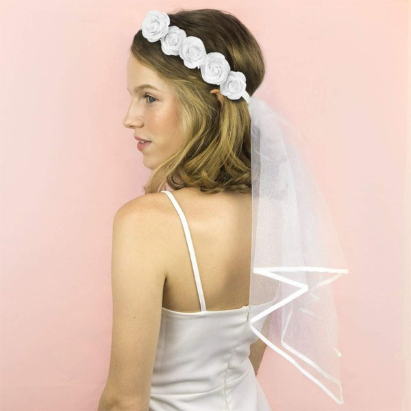 Bridal Veil with White Lace Garland Headband