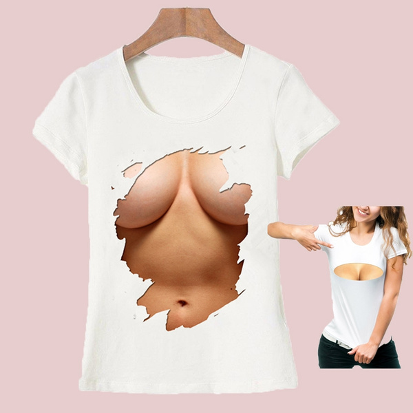 Big Boobs Sexy Stomach Pack Abs print T shirt women's short sleeve Summer  Creative Pattern Funny Female Modal Tops novelty Tees
