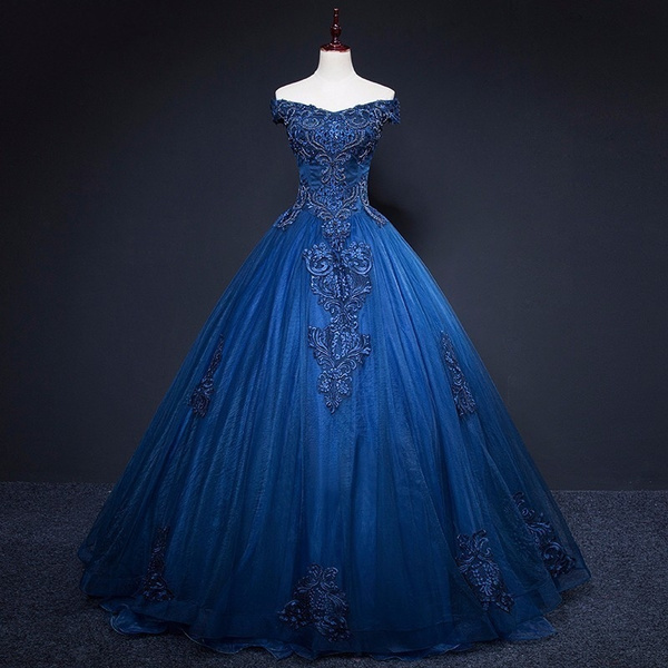 Luxury Navy Blue Quinceanera Dresses Appliques Formal Prom Dresses Cap ...