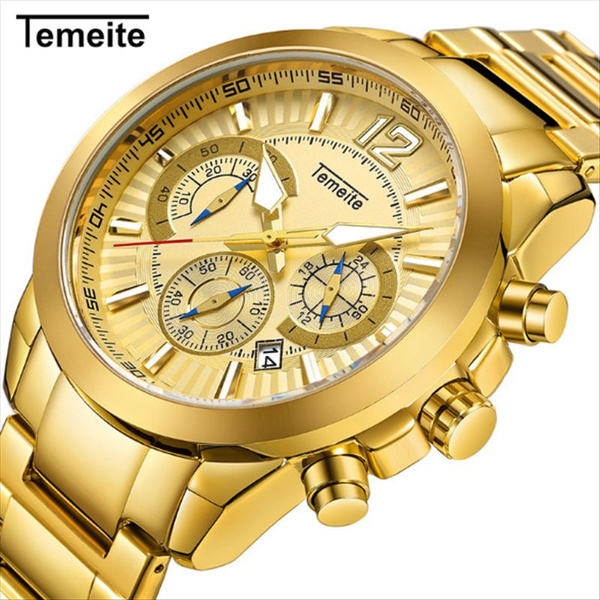 Temeite Watch Men with Bracelet Top Brand Luxury Original Steel Big Dial  Chronograph Golden Male Wristwatch Relogios Masculinos