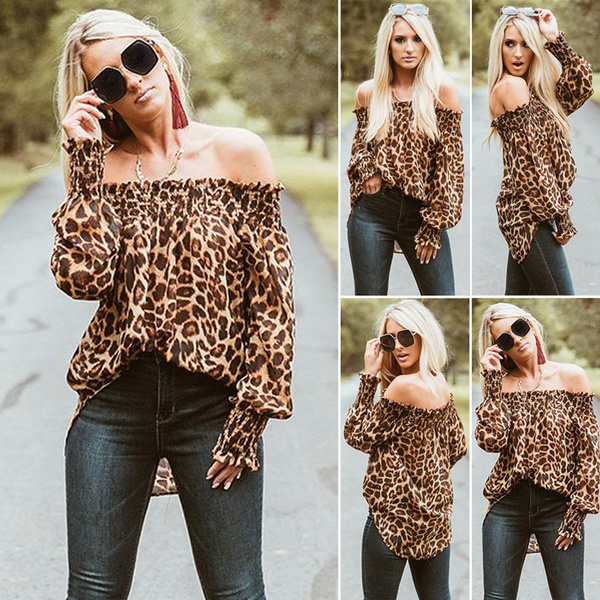Fashion Women Off Shoulder Shirt Leopard Printed Long Sleeve Tops Blouse