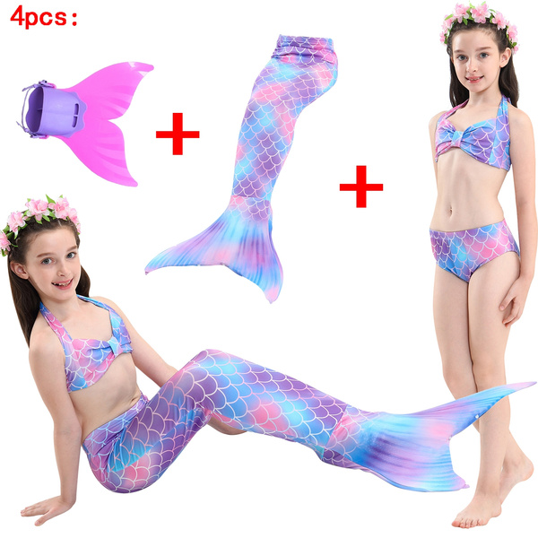 Kids Girls Swimmable Mermaid Tail with Bikini Swimsuit Swimming Costumes Cosplay 