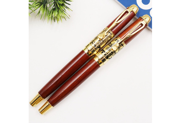 Jinhao Red Wooden With Rotten Carving Flower Fountain Pen Medium Nib Writing