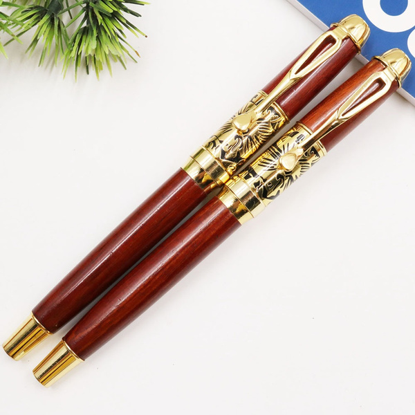 Jinhao Red Wooden With Rotten Carving Flower Fountain Pen Medium Nib Writing