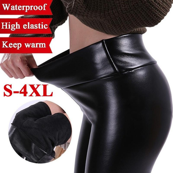 Women Fashion High Waist Pants PU Leather Waterproof Stretchy Leggings  Black Glossy Shiny Metallic Leather Pants