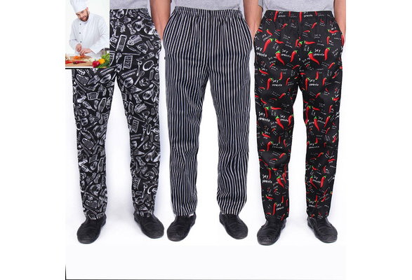 Chef Trousers Pants Check Stripe Elastic Uniform Unisex Pocket Kitchen  Catering