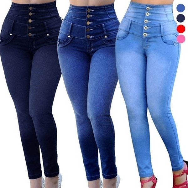 2019 Women's High Waist Jean Pants Jeans Stretch Pencil Denim Pants Solid  Color Slim Skinny Long Pants