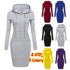Plus Size Autumn Winter Fashion Sweatshirt Dresses for Women Pocket Hooded Casual Dress Solid Color Long Sleeve Mini Dress Kleid XS-5XL
