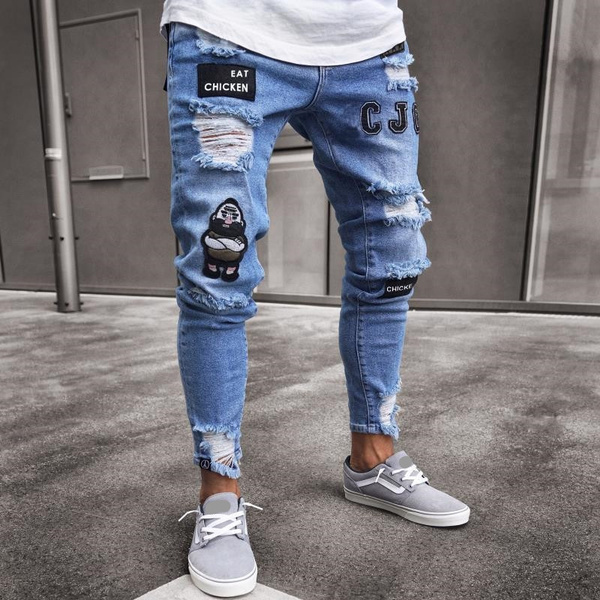 Mutual dealer our Men's Fashion Vintage Ripped Jeans Super Skinny Slim Fit Zipper Denim Pant  Destroyed Frayed Trousers Cartoon Gothic Style Pants | Wish